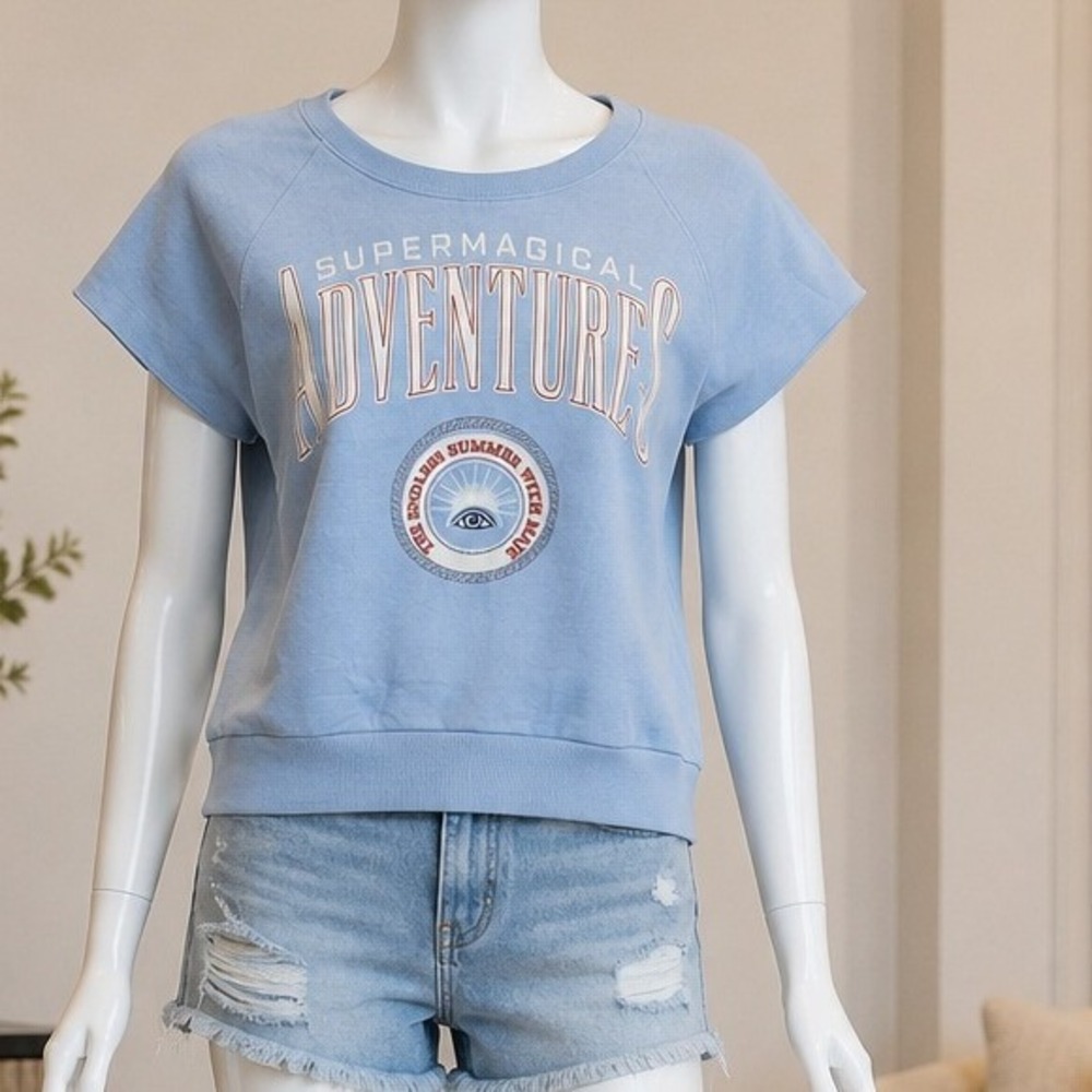Maje Womens Short Sleeve Sweatshirt Supermagical Adventures Graphic Blue Size 3